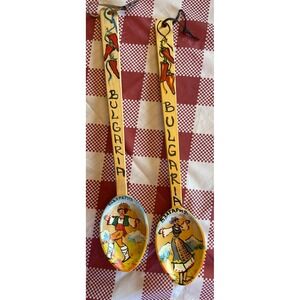 Vintage Bulgarian Wooden Spoons Folk Art Hand Painted Souvenir Wall Hanging 12"